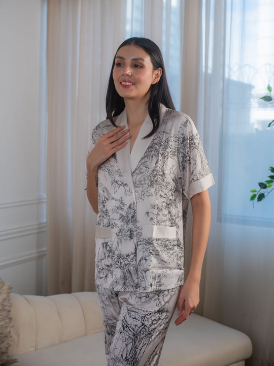 Myrtle Silk Printed Kimono Pajama Set Short Sleeve | Soft Satin Sleepwear | Stylish Home Loungewear