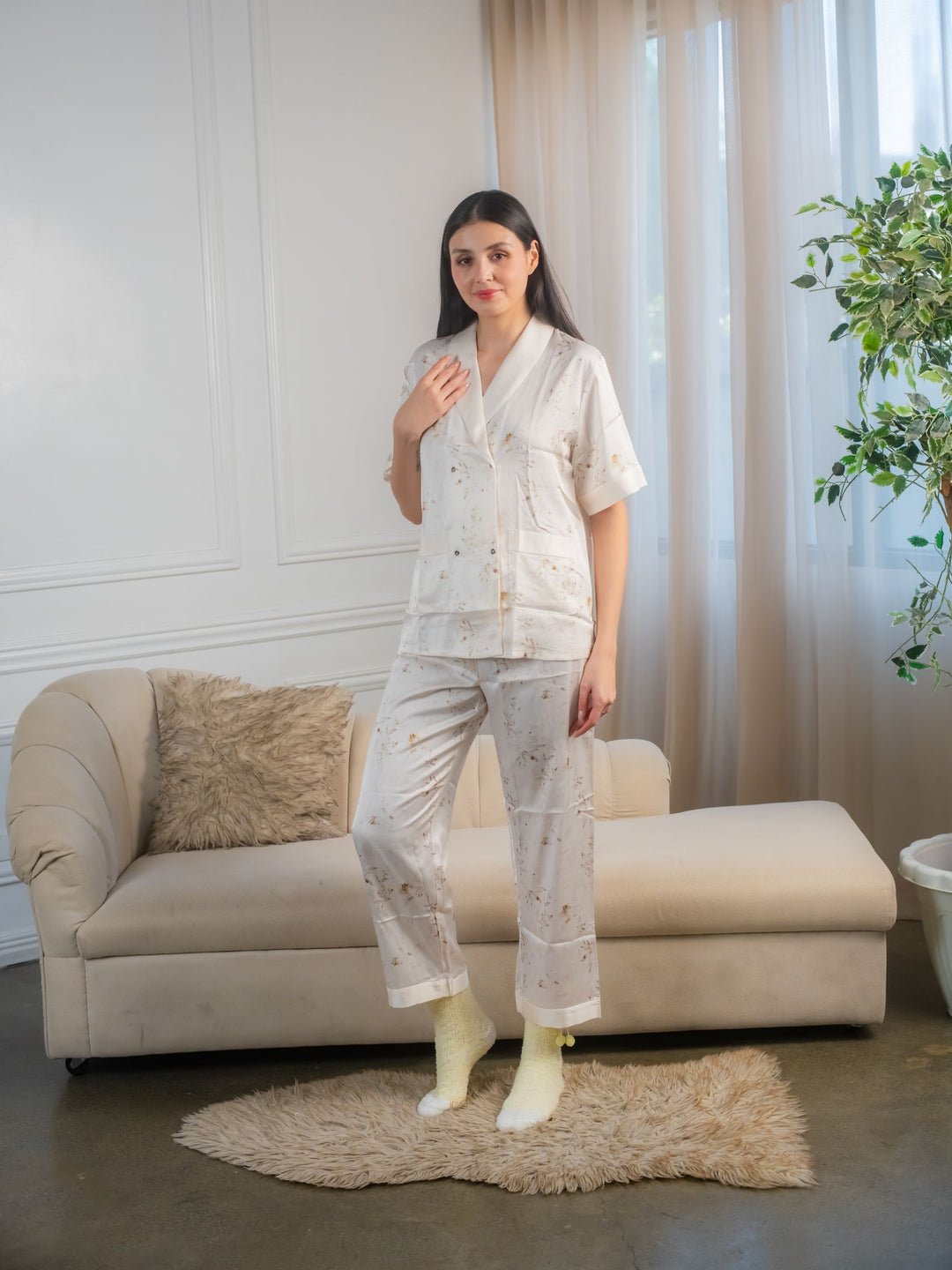 Petunia Floral Silk Kimono Sleepwear Set Short Sleeve Pajama Terno for Women