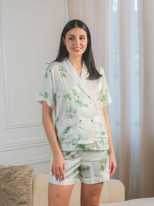 Clover Silk Kimono Pajama Set Short Sleeve + Shorts | Soft Satin Sleepwear for Women