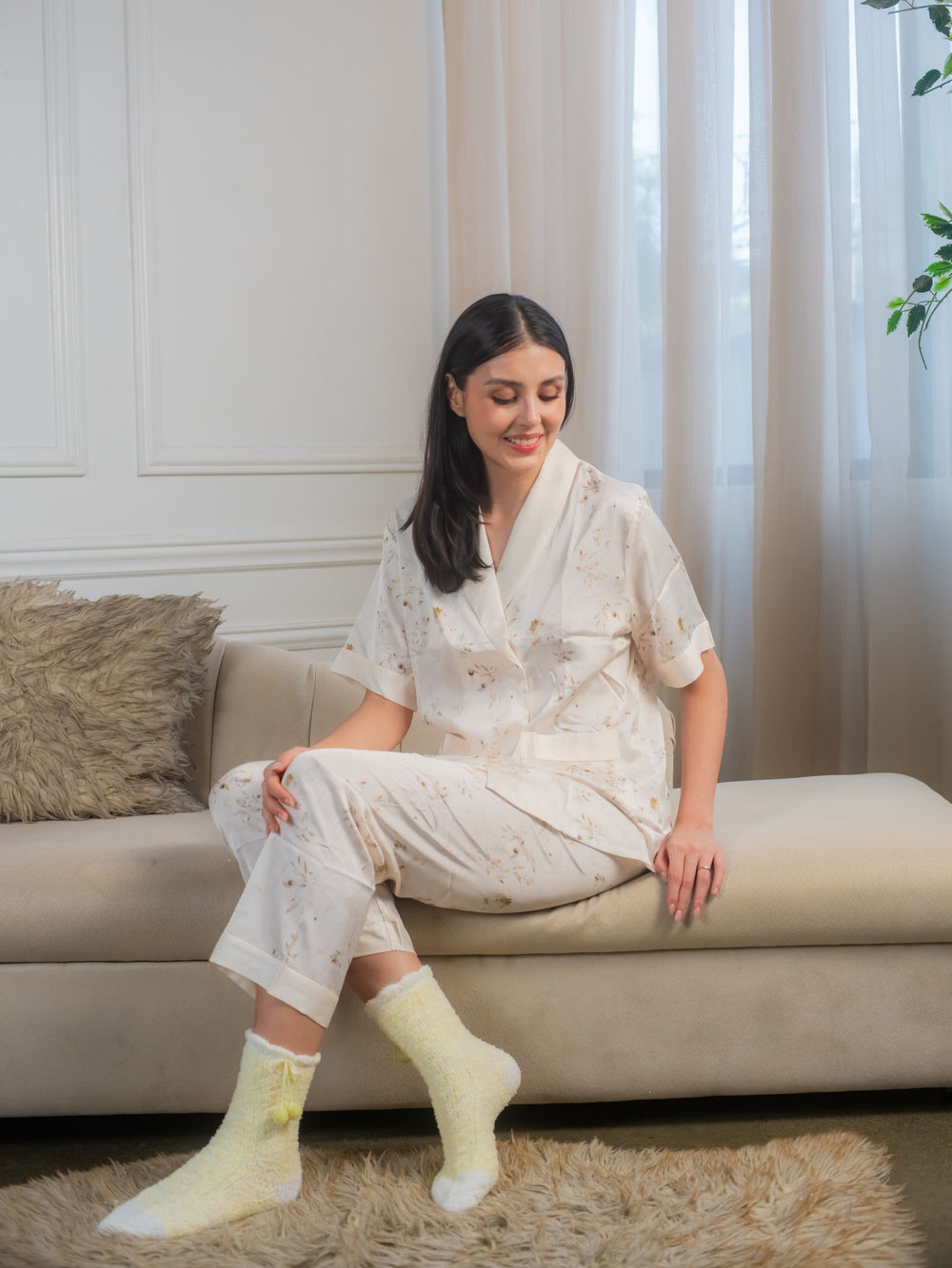 Petunia Floral Silk Kimono Sleepwear Set Short Sleeve Pajama Terno for Women