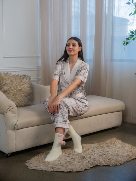Myrtle Silk Printed Kimono Pajama Set Short Sleeve | Soft Satin Sleepwear | Stylish Home Loungewear