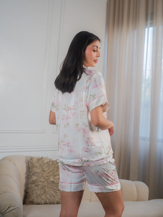 Adhara Silk Floral Terno Shortsleeve & Shorts Set | Soft Satin Pajama Set for Women