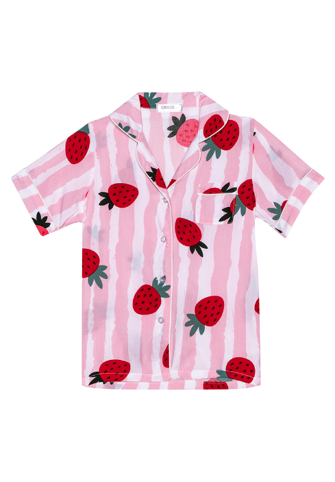 button-up Cotton top short sleeve sleepwear for kids with strawberry graphic